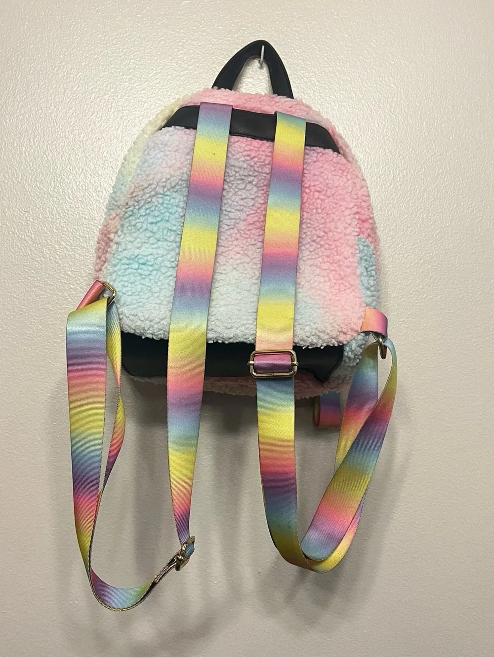 Luv Betsy by Betsey Johnson Pastel Rainbow Sherpa Mini Backpack Tie Dye Pattern